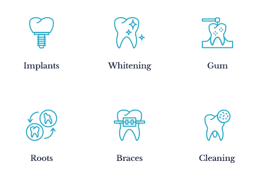A series of blue icons with teeth and dental instruments.